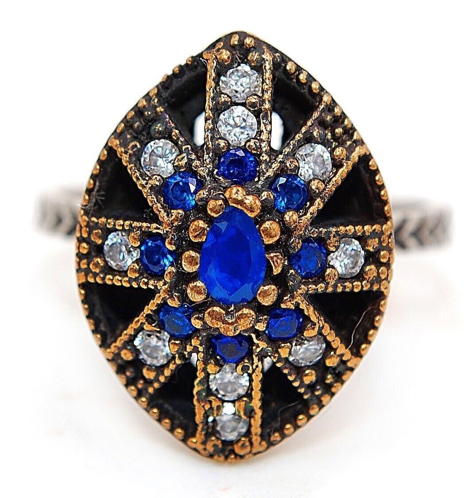1CT Treated Sapphire Ottoman Empire Style Sterling Silver Ring Size 8.5 HB1-3