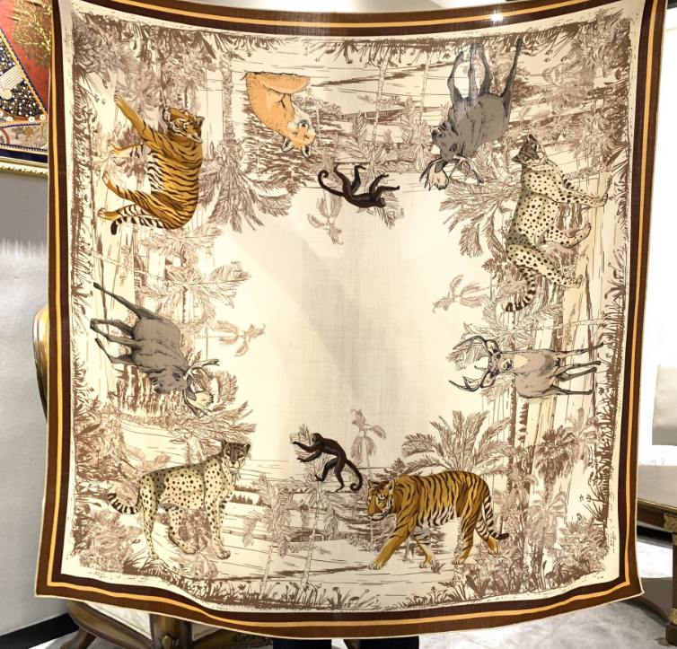 70% Cashmere 30% Silk Scarf Brown leopard Print Shawl Wrap Double Face135X135cm