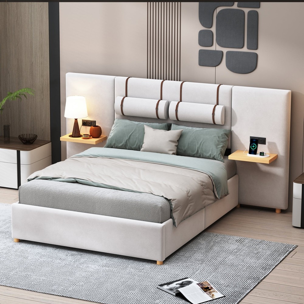 Velvet Upholstered Platform Bed w/ Storage & Charging