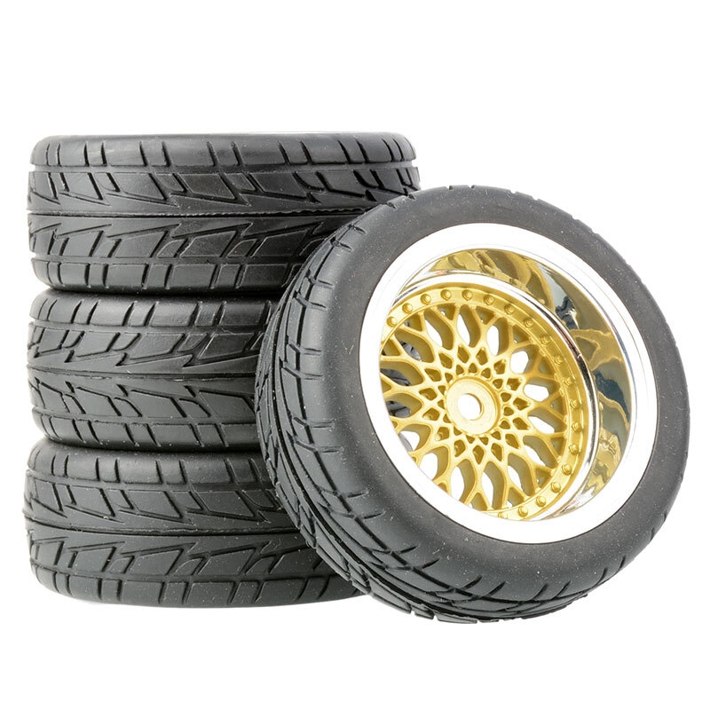 1/10 RC Chrome Gold Wheels & Tyres for Tamiya TT01/02 D4 - 3/6/9mm Offset