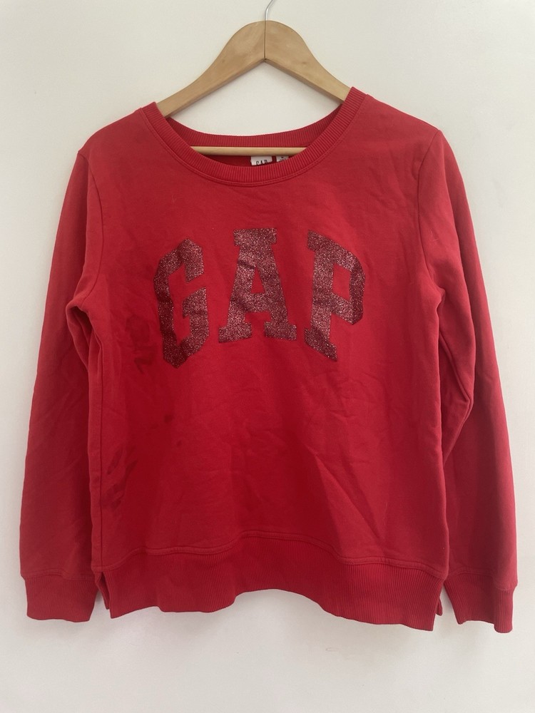 Gap Women's Glitter Logo Solid Red Cozy Fleece Crewneck Long Sleeve Sweatshirt M