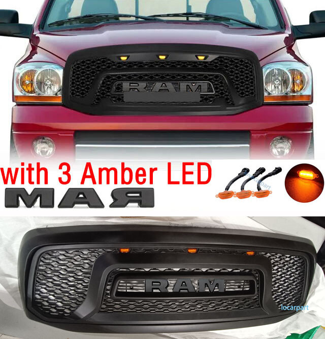 For Dodge Ram 1500 Grill 2006 07 2008 Front Bumper Grille w/Letter+LED Black