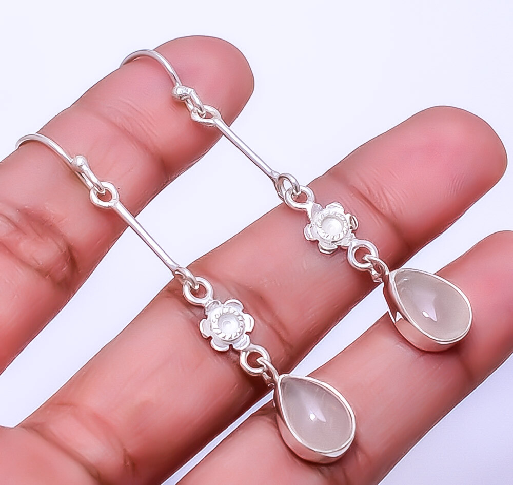 Pink Rose Quartz - Brazil Designer Handmade 925 Sterling Silver Earring 2.46