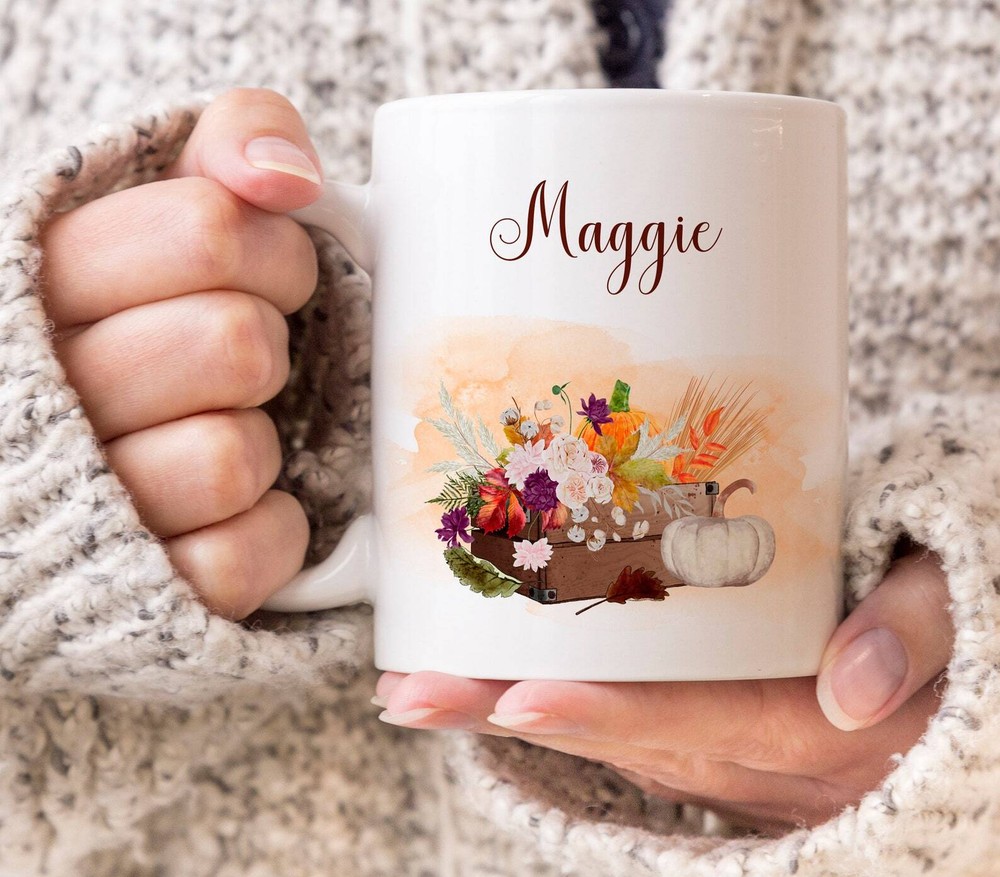 Custom Autumn Themed Mug Personalized Mug I Just Love Fall Pumpkins Fall Flowers