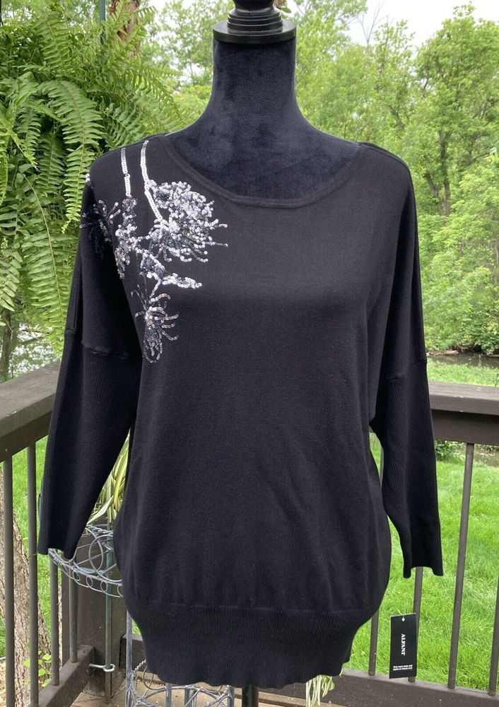 Alfani Sweater Womens Large Black NWT Top Embellished Sequin Dolman Sleeve Party