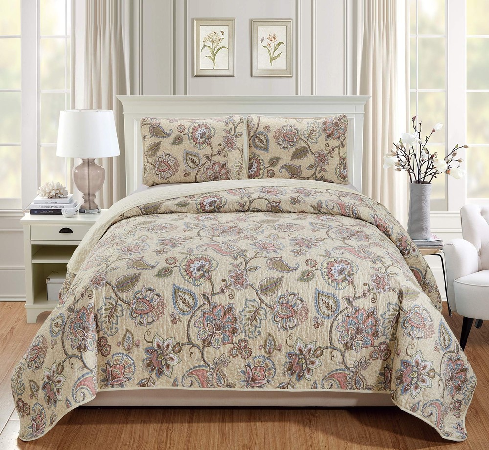 Home Collection 3pc King/California King Bedspread Quilt Set Floral Beige Pin...