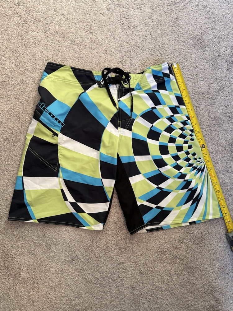 Volcom Mens Board Shorts 34 Blue Green Geometric Surf Swim Trunks Drawstring