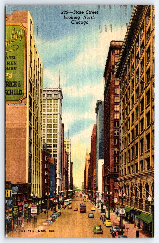 VINTAGE OLD ANTIQUE POSTCARD CITY BUILDINGS CARS SIGNS CHICAGO ILLINOIS USA