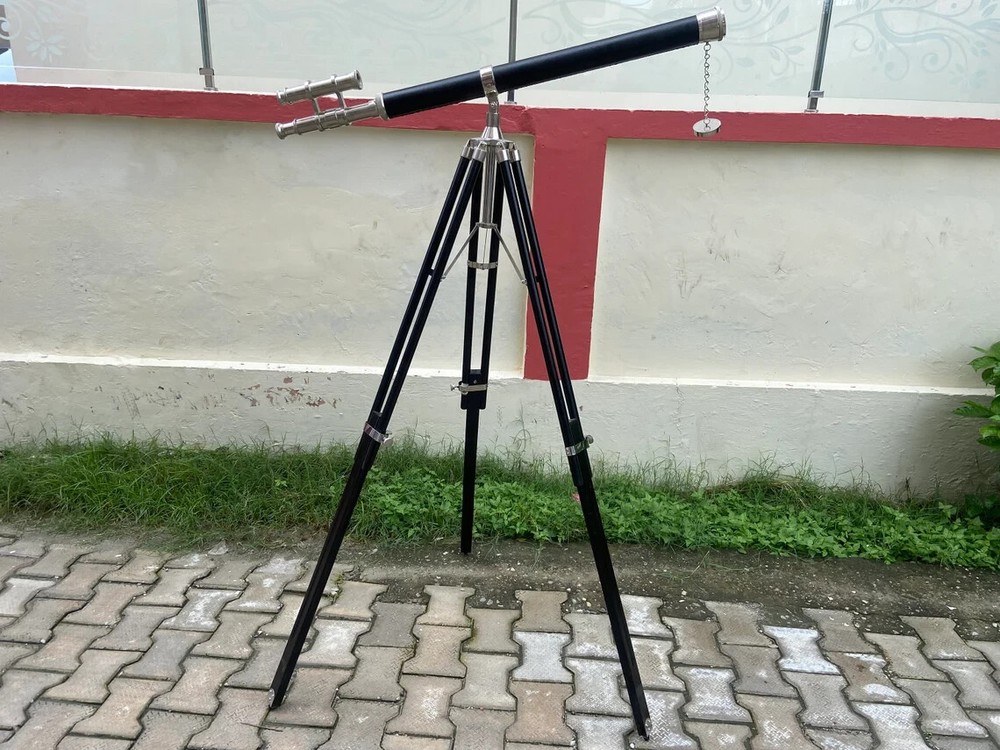 Brass Double Barrel Telescope with Wooden Tripod Home & Office Decor Vintage