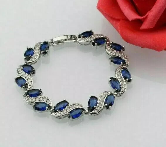 10Ct Marquise Lab Sapphire Tennis Bracelet 14K White Gold Plated 7 Inch