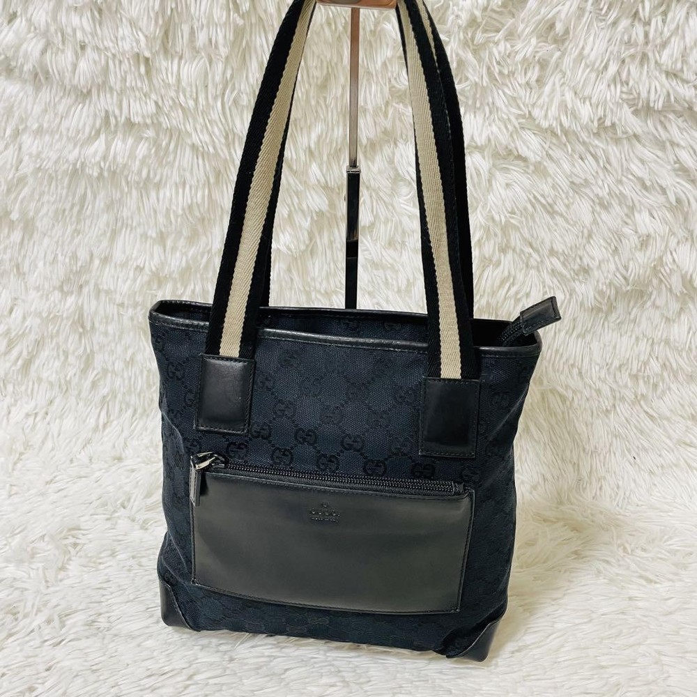 Gucci GG Canvas Tote Bag Black Leather Unisex Shoulder Preowned