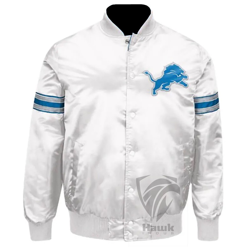 NFL Detroit Lions White Satin Baseball Varsity Jacket Vintage Street Fashion
