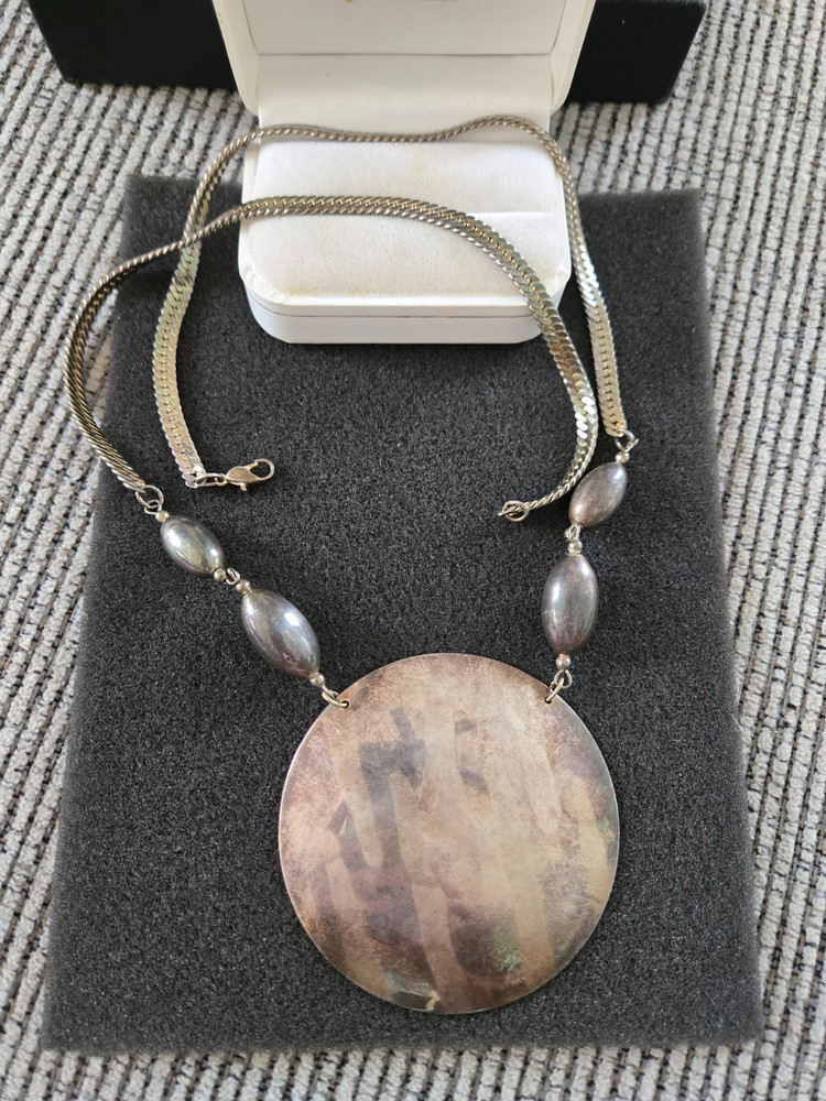Vintage Herringbone Necklace w Large Metal Round Pendant Medallion Statement