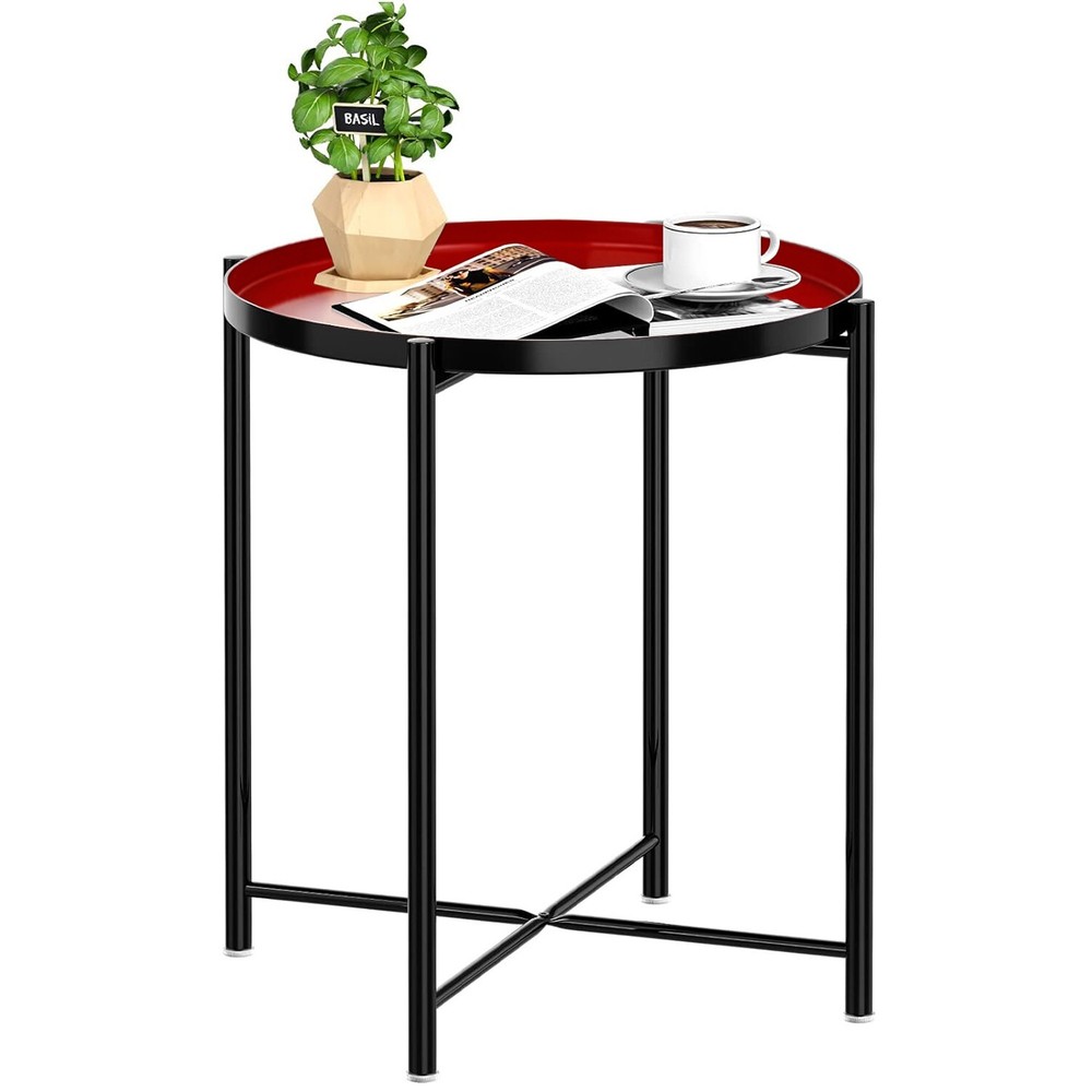 Round Side Table, Metal Small Bedside Nightstand with Removable Tray Top