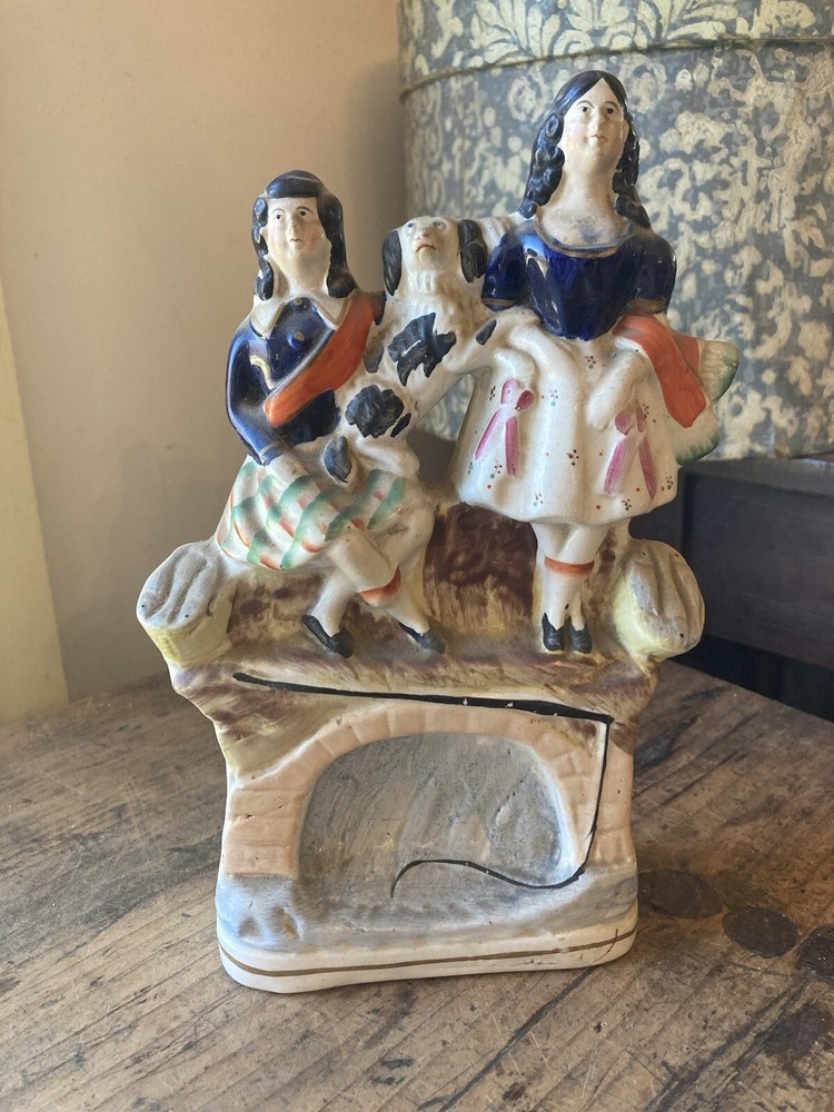 Nice! Antique 19th C Victorian Porcelain Staffordshire Figurine Boy Girl Dog