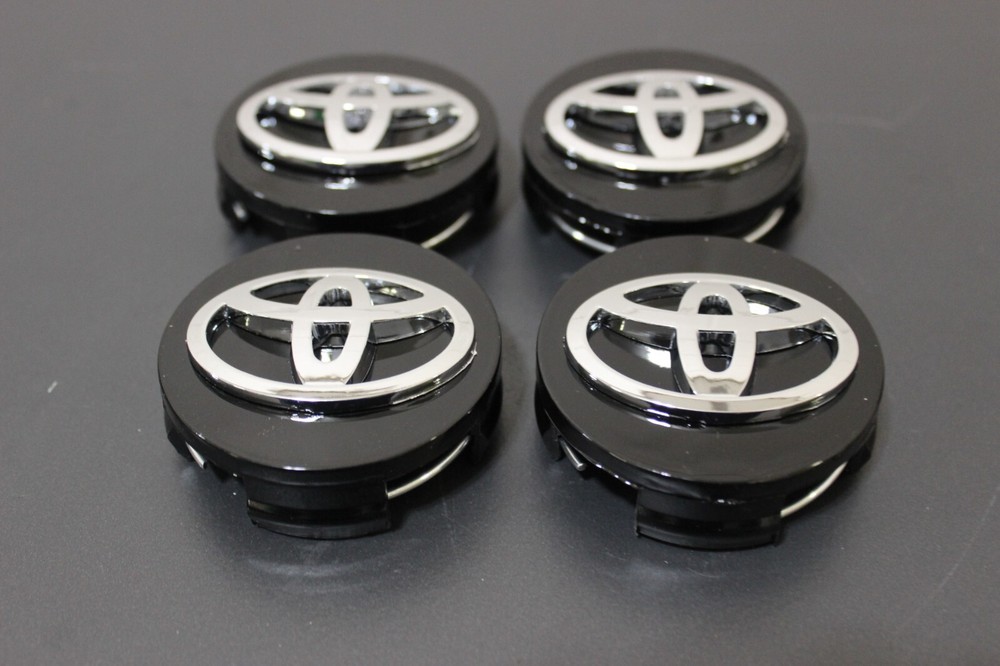 (4) TOYOTA WHEEL RIMS CENTER HUB CAP CAPS BLACK BASE CHROME LOGO 62MM CAMRY