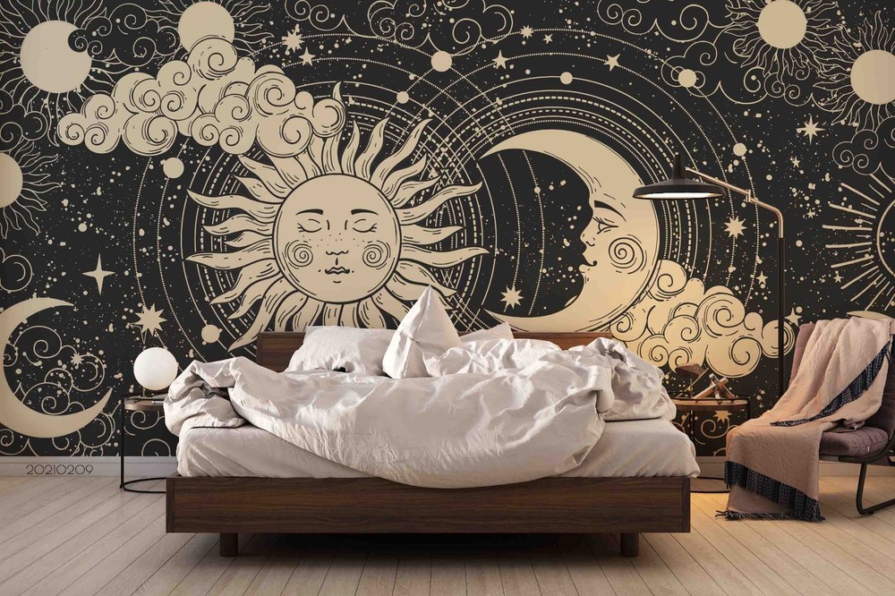 3D Space Sun Moon Clouds Illustration Wall Murals Wallpaper Murals Wall Sticker