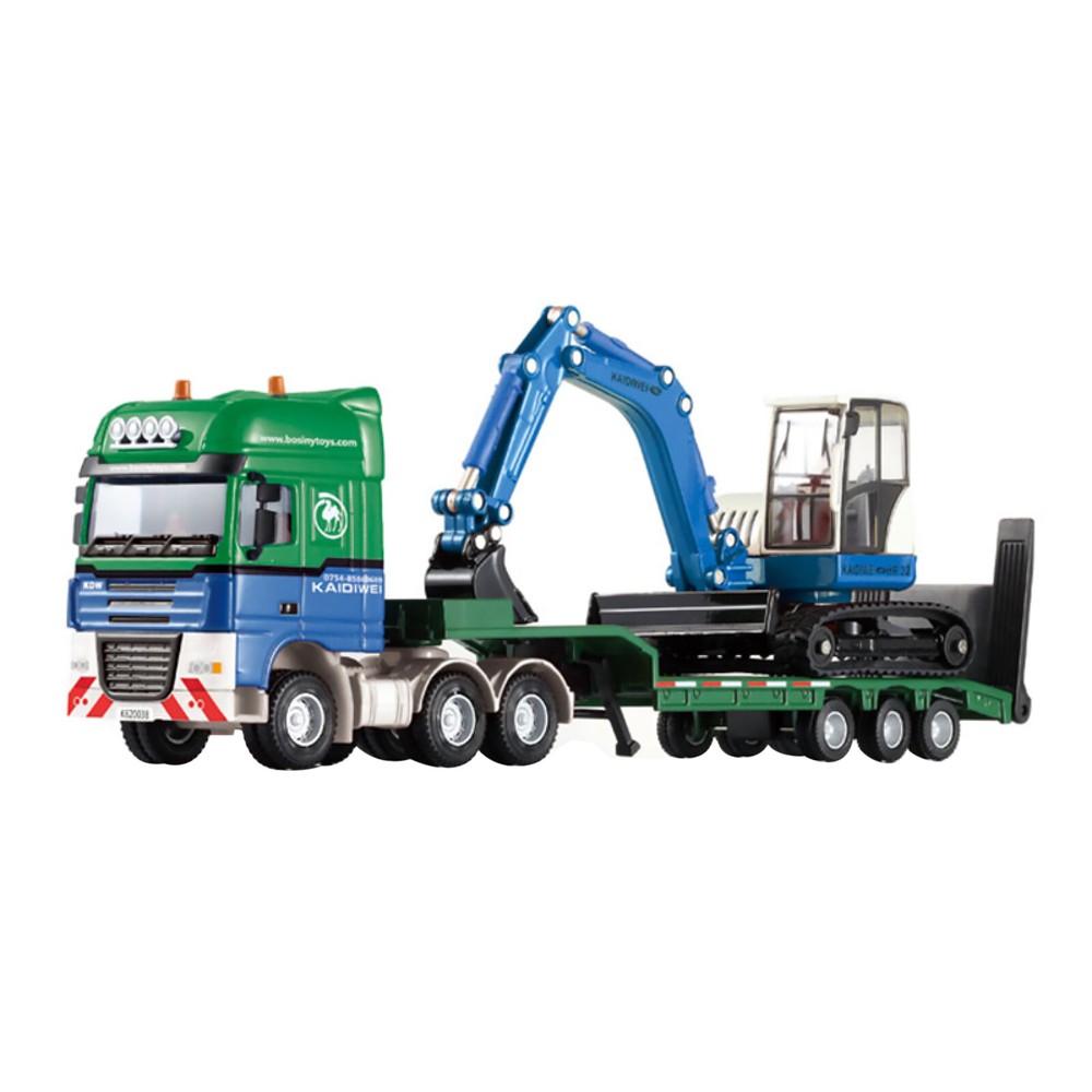 1:50 Scale Flatbed Trailer Truck with Excavator Digger Loader Forklift Toy Model