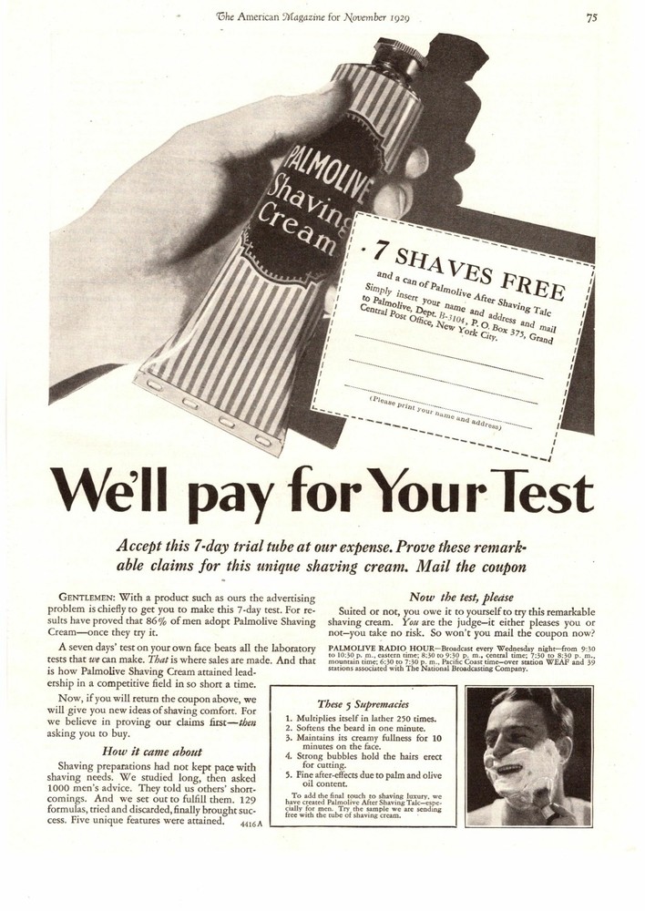 1929 Palmolive Shaving Cream 7-Day Trial Free Can Of After Shaving Talc Print Ad