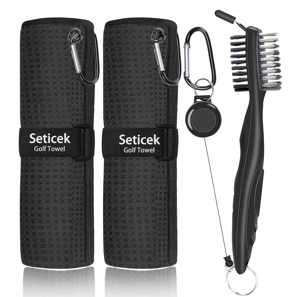 2-Pack Microfiber Golf Towels with Club Brush - Waffle Weave Design Black