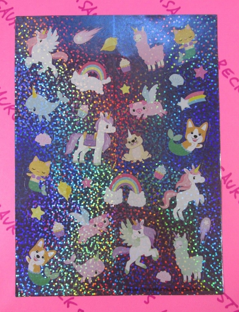 Unicorns Rainbows Lamas Dog Cat Mermaid Flying Pig Prismatic Sticker Sheet