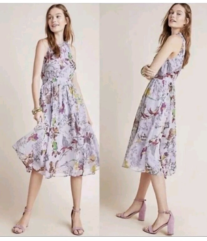 Anthropologie Hermia Midi Dress Lavender Botanical Floral Dress Women’s Size 6
