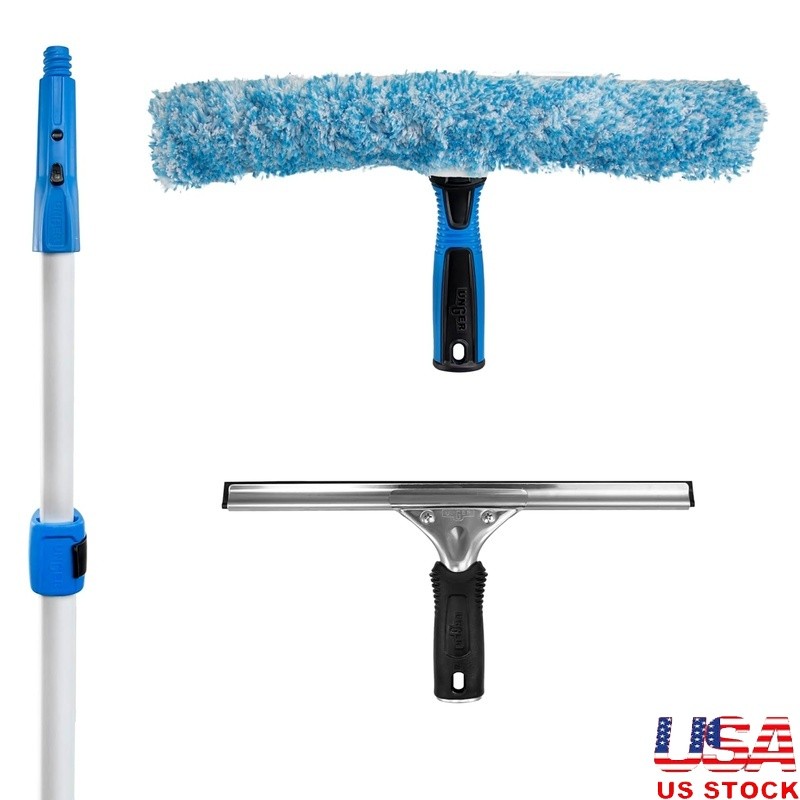 All-In-One Window Cleaning Kit W/ Squeegee Scrubber Telescopic Pole Streak-Free