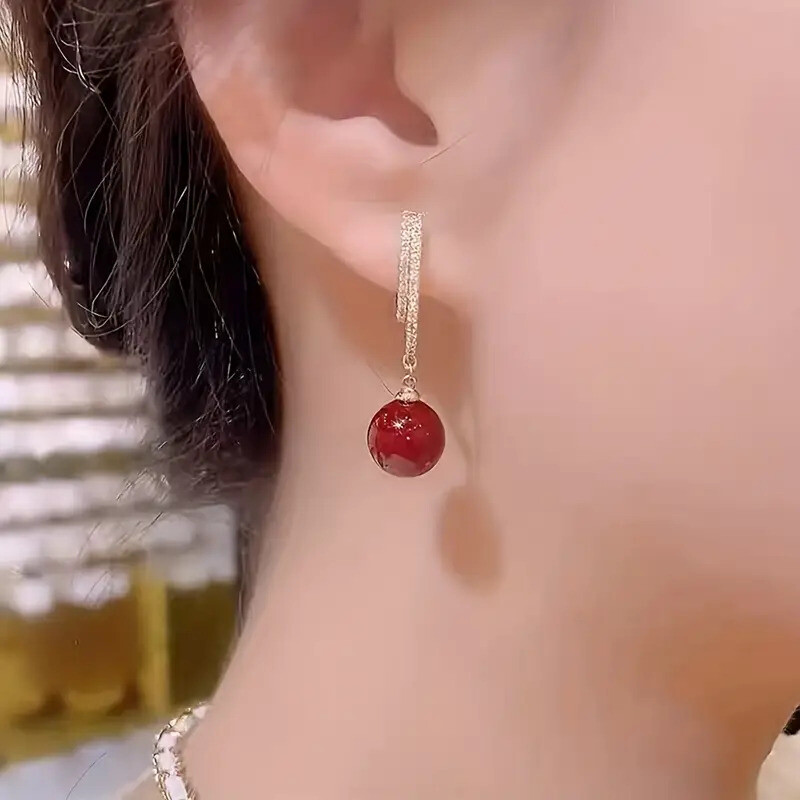 Women Red Jewelry Pendant Shiny Rhinestone Earrings Retro Elegant Female Gift