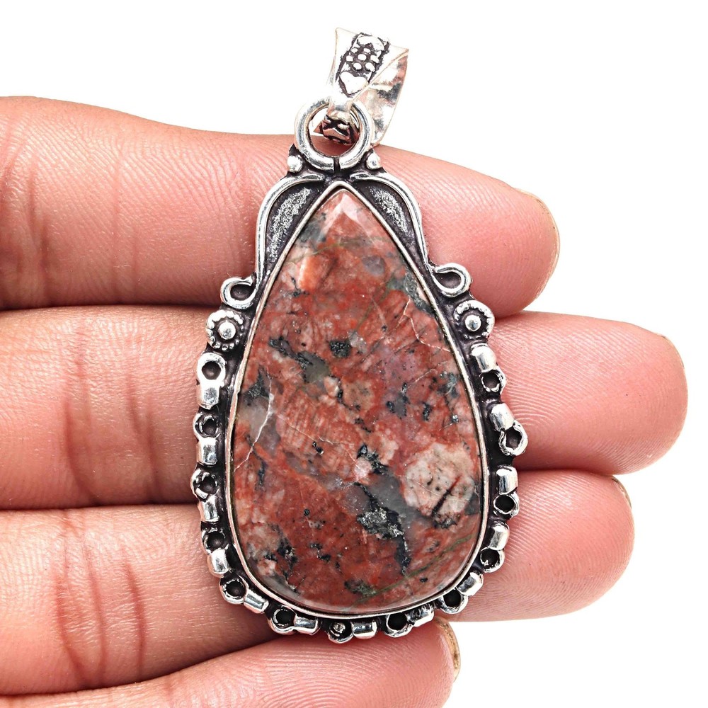 Unakite Jasper Pendant Silver Jewelry Handmade Valentine Gift 2.5 Inch