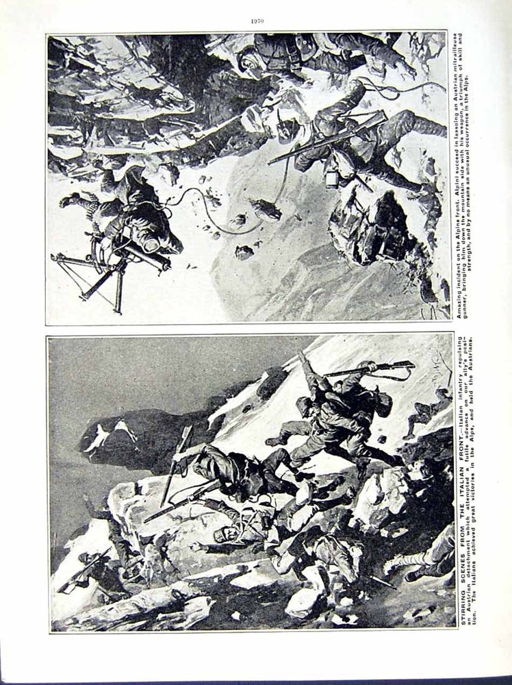 Original Old Antique Print 1916 World War Trench Battle Austrian Siers Alpini