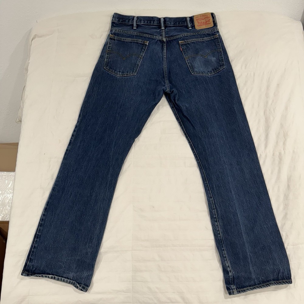 Levis 517 Jeans Mens 38x34 Blue Denim Bootcut Dark Med Wash Fading Wallet Print