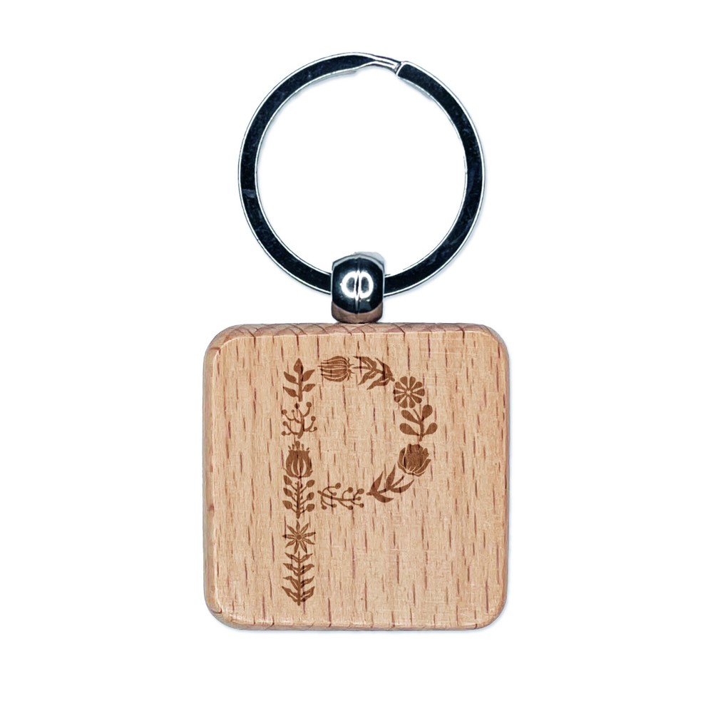 Elegant Botanical Floral Letter P Engraved Wood Square Keychain Tag Charm