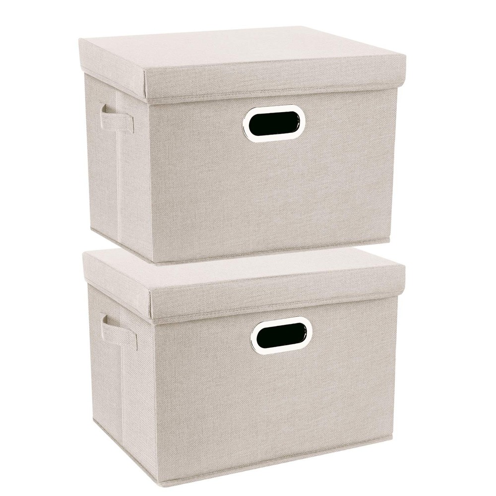 Collapsible Storage Bins With Lids, Large Fabric Storage Boxes - 2 Pack - Beige