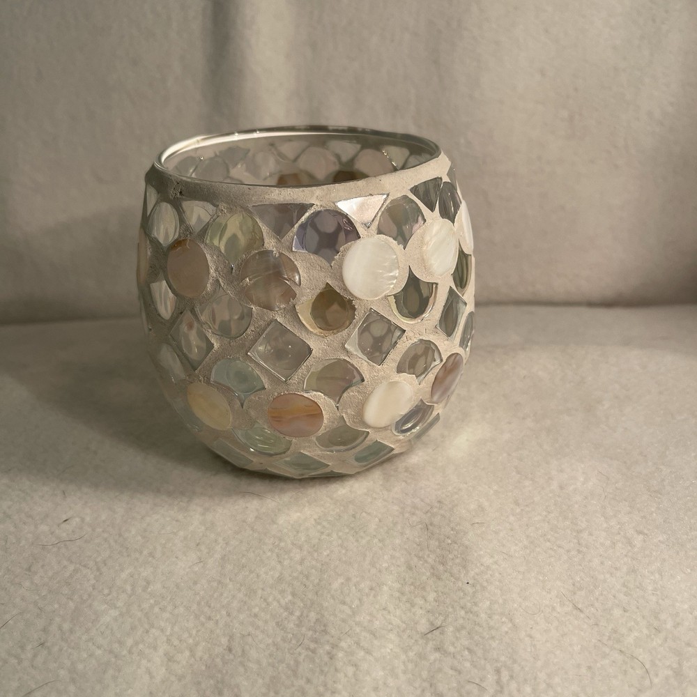 Mosaic Candle Votive Holder with Clear Glass and Mother of Pearl Design