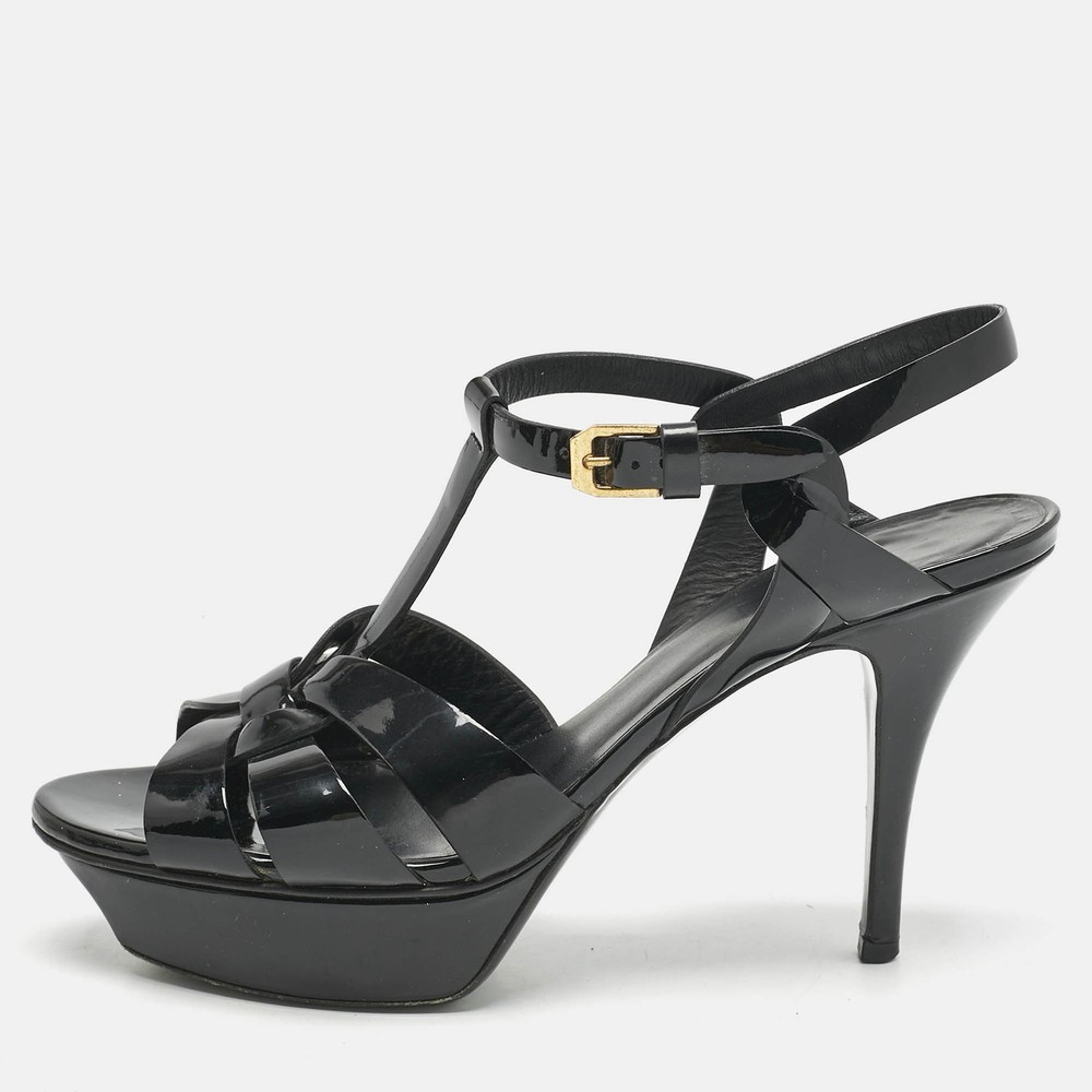 Saint Laurent Black Patent Leather Tribute Platform Sandals Size 38.5 EU