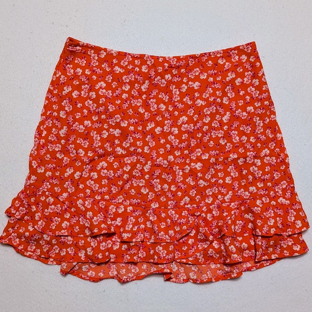 New Women's Francesca's Blue Rain Medium Red/Orange Floral Skirt NWT