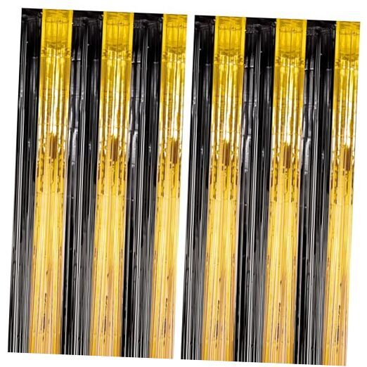 Black and Gold Foil Fringe Backdrop Curtains 2 Pack for Birthday Parties