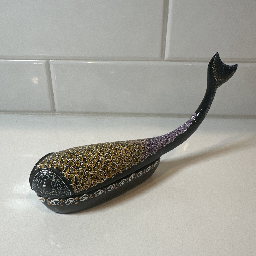 Folk Art Whale Fish Trinket Box Black Lacquer Wooden Hand Painted Multicolor