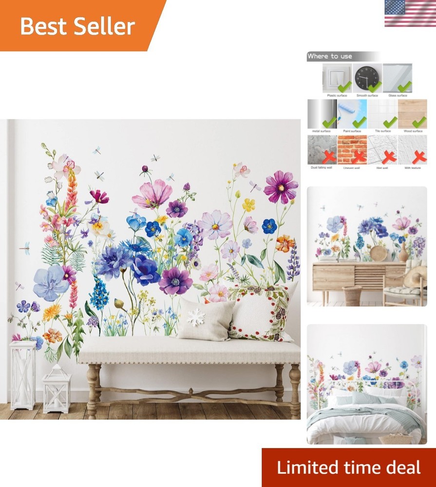6 Pcs Flowers Wall Decals Stickers Vinyl Removable Peel and Stick Colorful Dr...