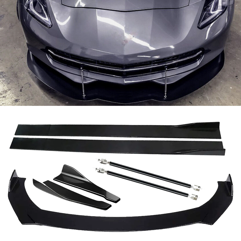 Glossy Front Splitter Bumper Lip Spoiler Strut Side Skirt For Chevrolet Corvette
