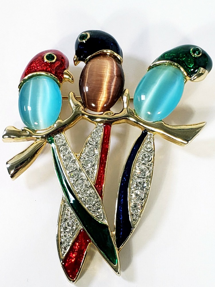 3 Parrots Jelly Belly Brooch with Rhinestones in Gold Tone