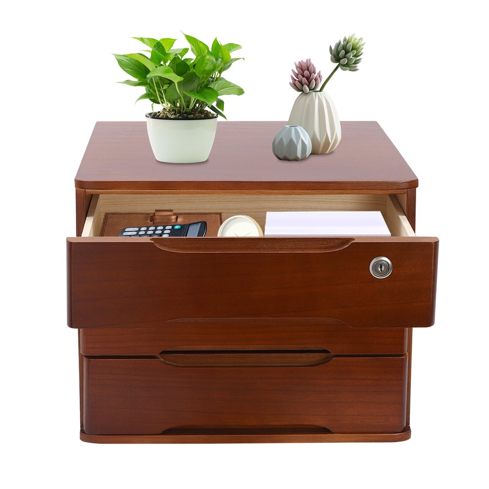 3-Tier File Cabinet Organizer Walnut Desktop Storage Box with Lockable Drawers