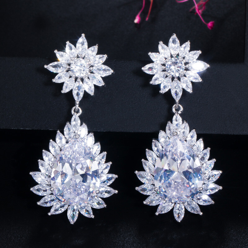 Sparkling Cubic Zirconia Flower Long Drop Earrings Silver Plated Wedding Jewelry