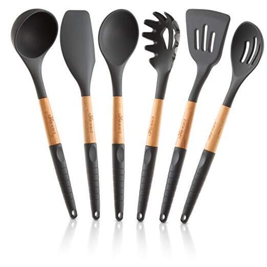 Silicone Cooking Utensils Set (6 pcs): Natural Wood Kitchen Utensils – Eco
