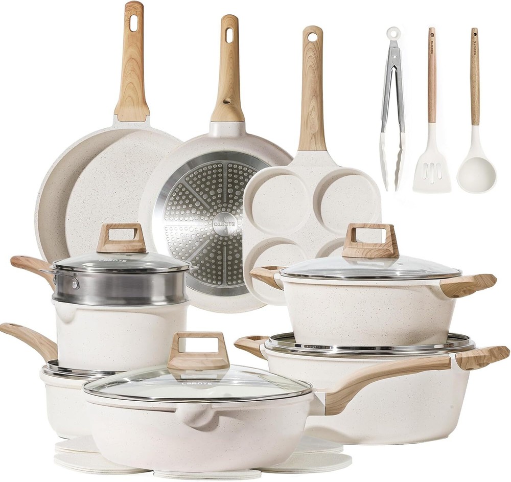 CAROTE 21-Piece Nonstick Pots and Pans Cookware Set in Cream White