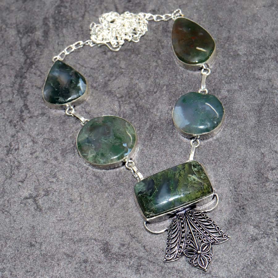 Classy Moss Agate 925 Silver Plated Gemstone Handmade Necklace 18