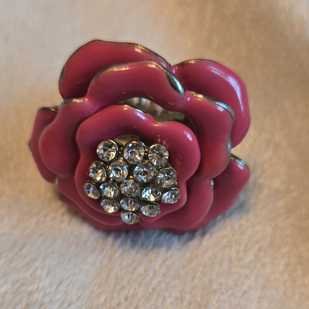 Pink Silver Flower Adjustable Cocktail Ring Cluster Clear Round Rhinestone
