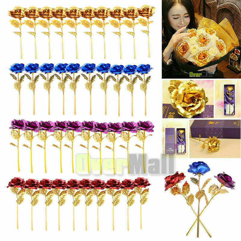 Lots 24k Gold Plated Foil Rose Flower Long Term Dipped Valentines Romantic Gift