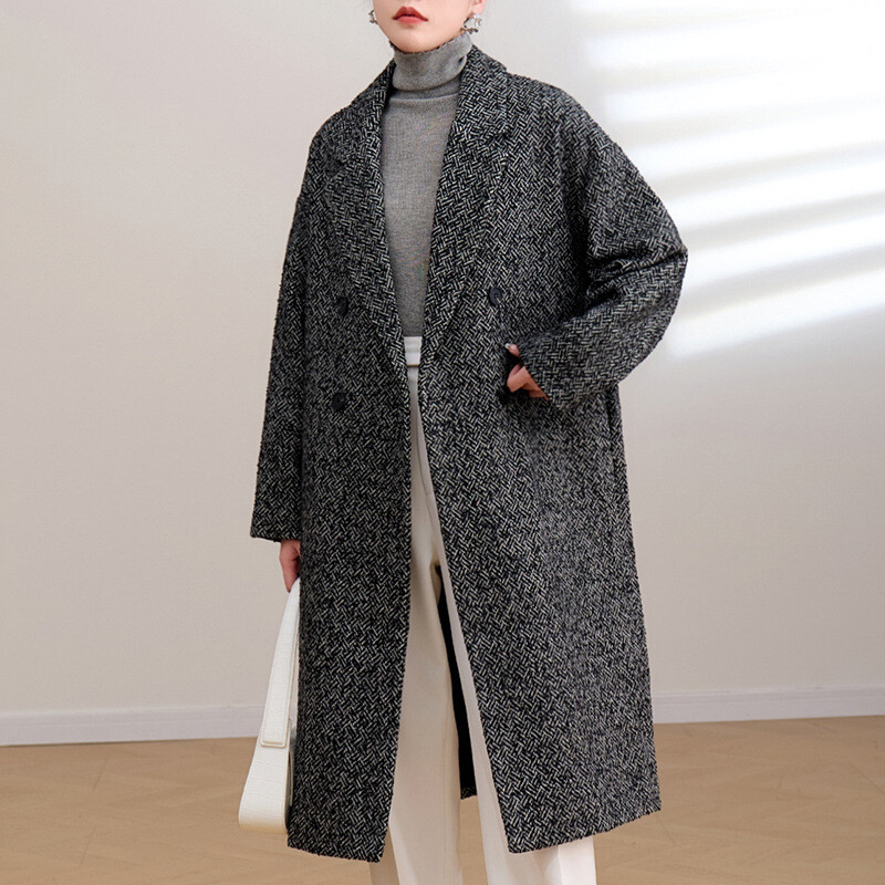 Women Mid-Length Loose Tweed Coat 52% Wool Double-Faced Outerwear