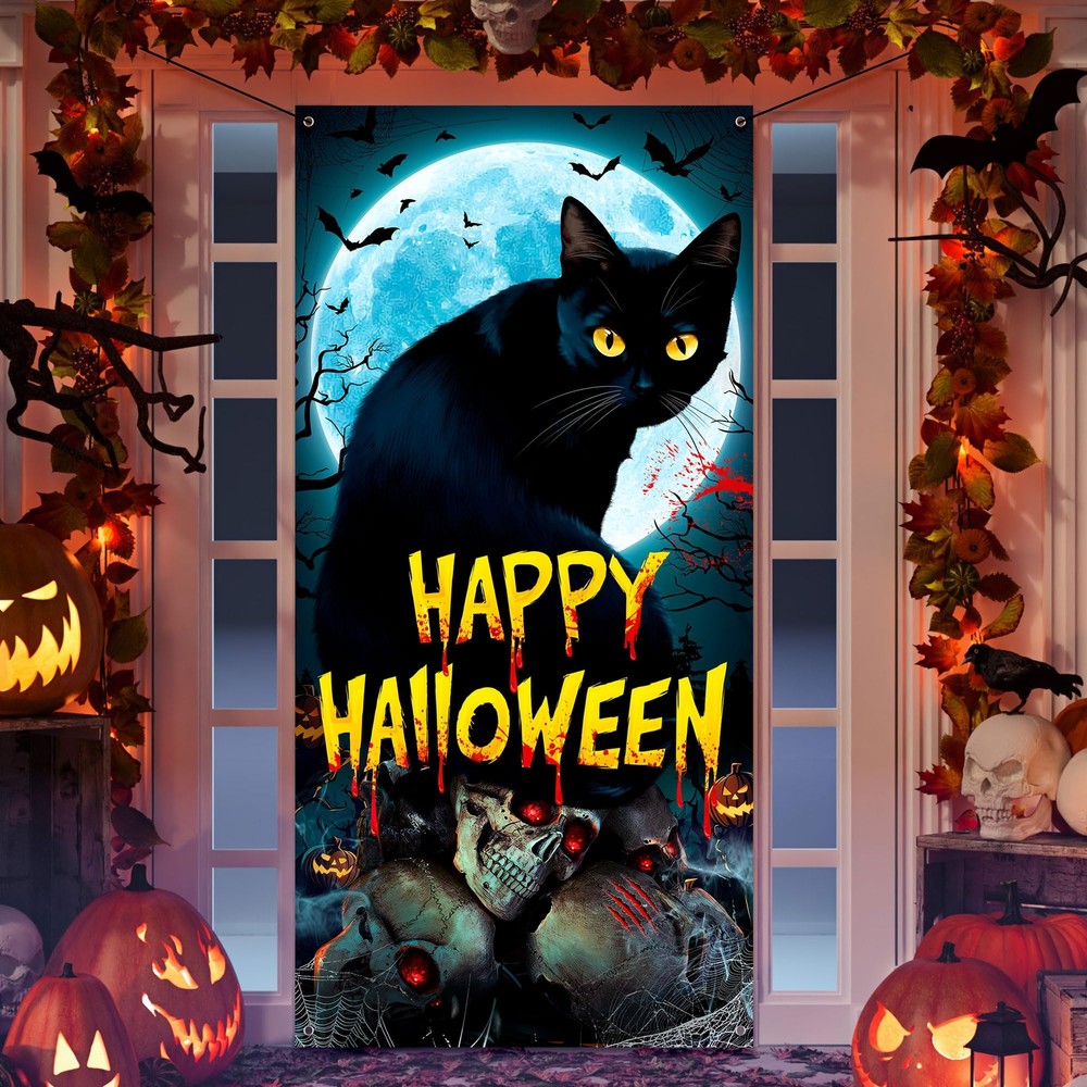 Halloween Black Cat Door Cover, Halloween Scary Door Decorations, Spooky Full...